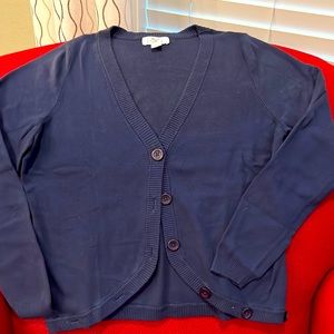 AnnTaylor Loft navy blue cardigan with curved front and button detailing